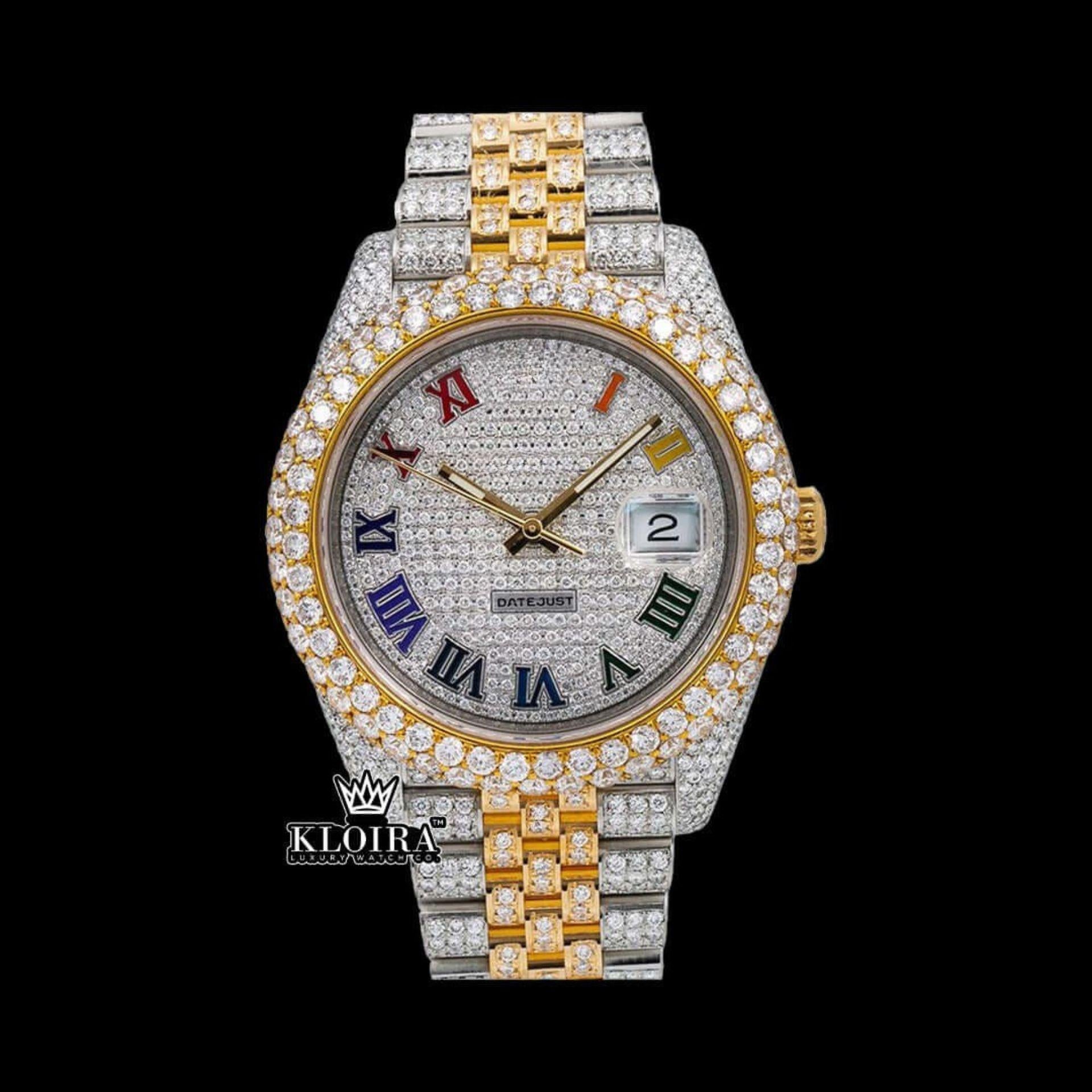 Rainbow Roman Dial Two Tone Moissanite Diamond Watch Front View