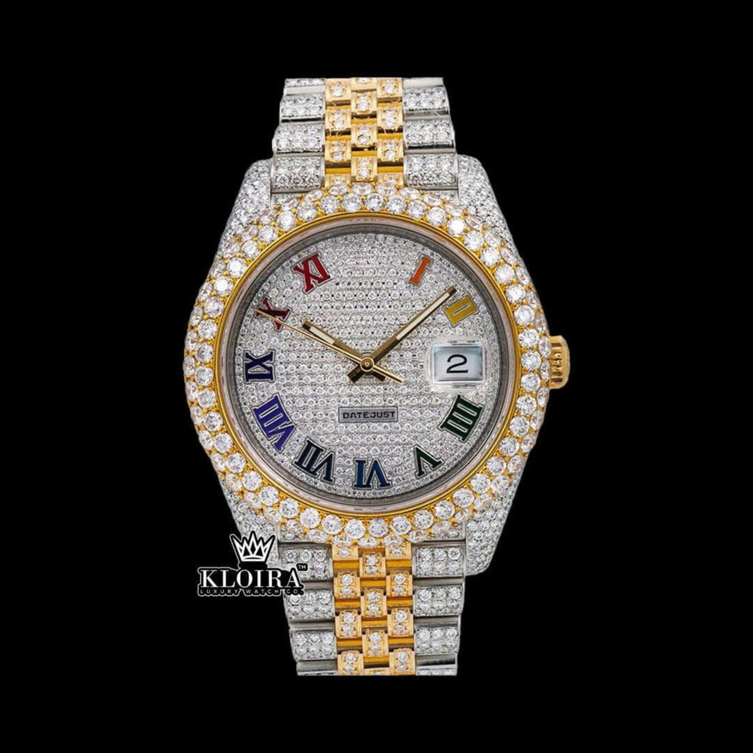 Rainbow Roman Dial Two Tone Moissanite Diamond Watch Front View