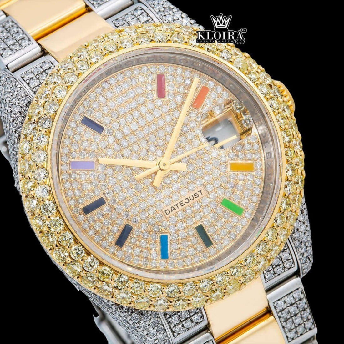 Rainbow Stick Markers Dial Two Tone Iced Out Moissanite Diamond Watch Front View