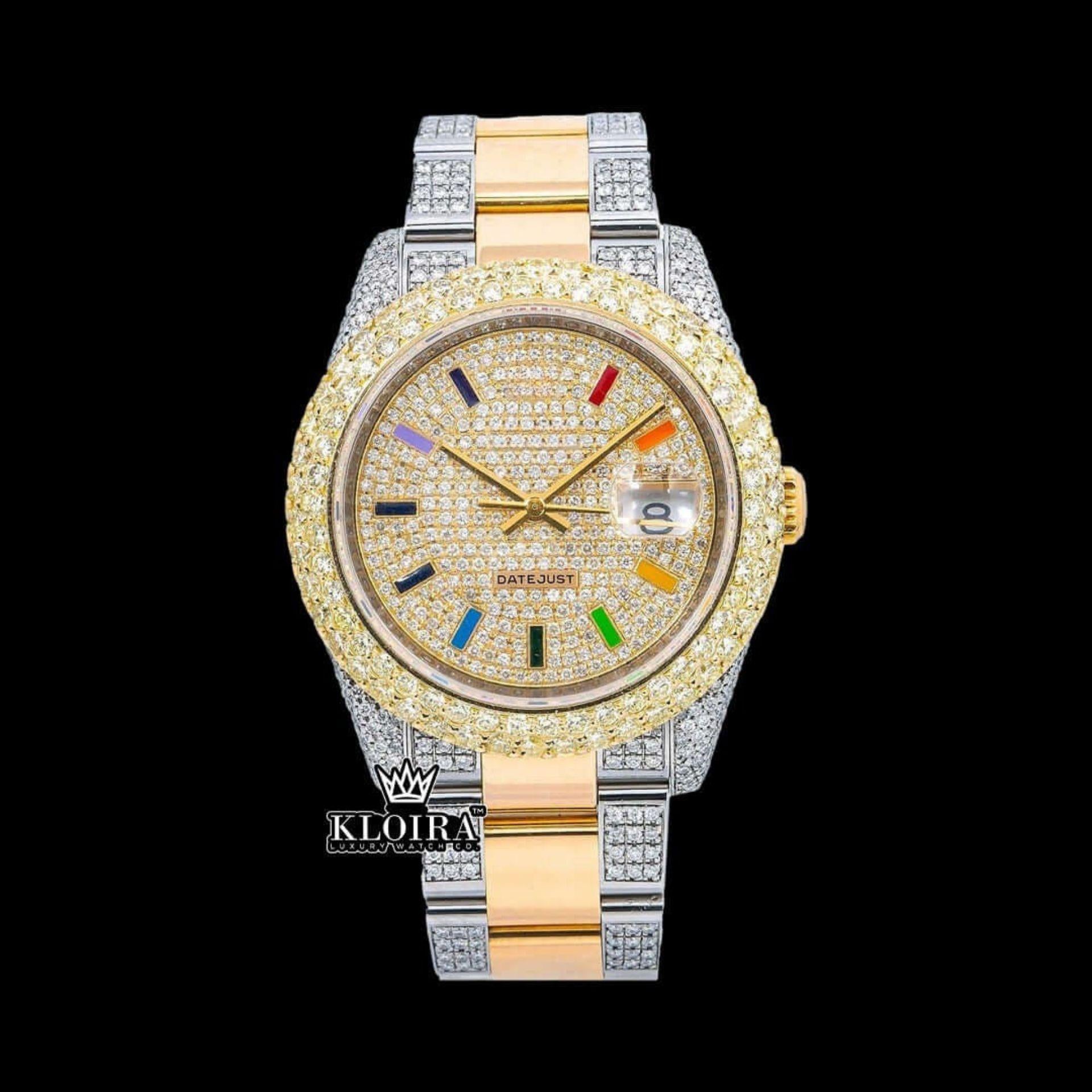 Rainbow Stick Markers Dial Two Tone Iced Out Moissanite Diamond Watch Front View