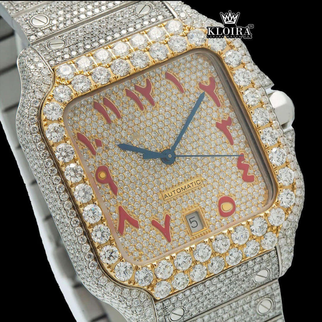 Red Arabic Numerals Cartier Inspired Moissanite Diamond Watch Gold Dial Front View