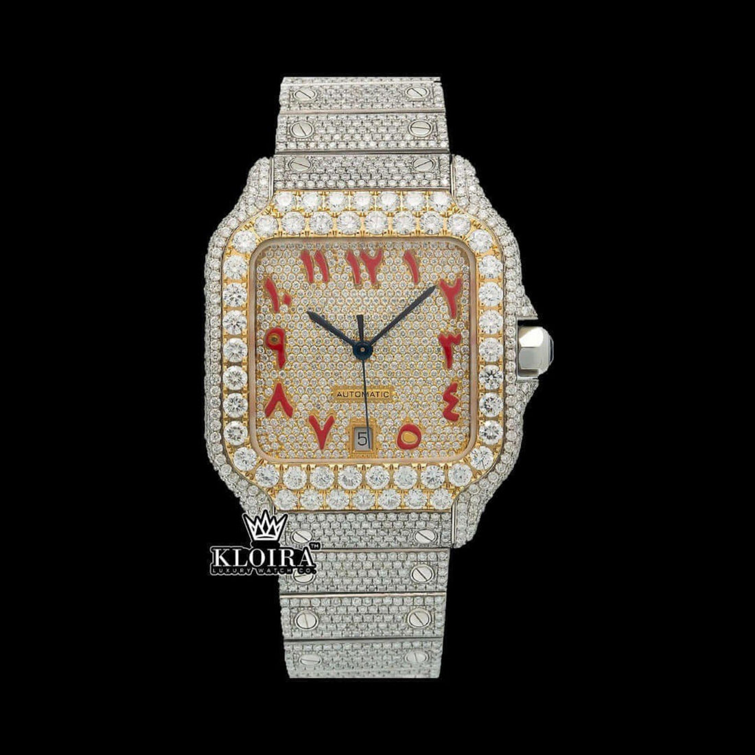 Red Arabic Numerals Cartier Inspired Moissanite Diamond Watch Gold Dial Front View