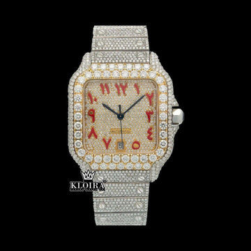 Red Arabic Numerals Cartier Inspired Moissanite Diamond Watch Gold Dial Front View