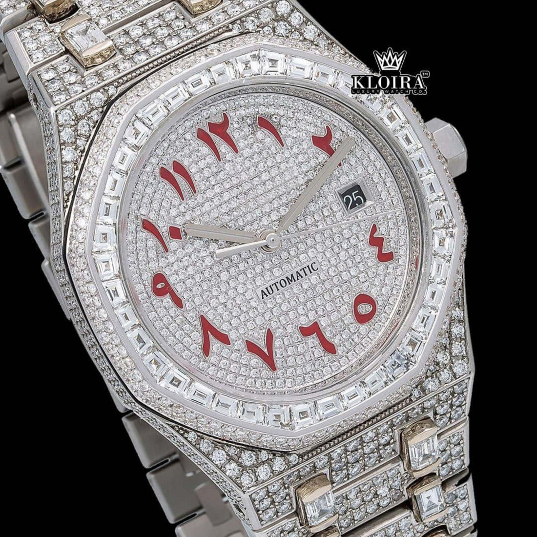 Red Arabic Numerals Iced Out Moissanite Diamond Watch 14K Gold 42mm Front View