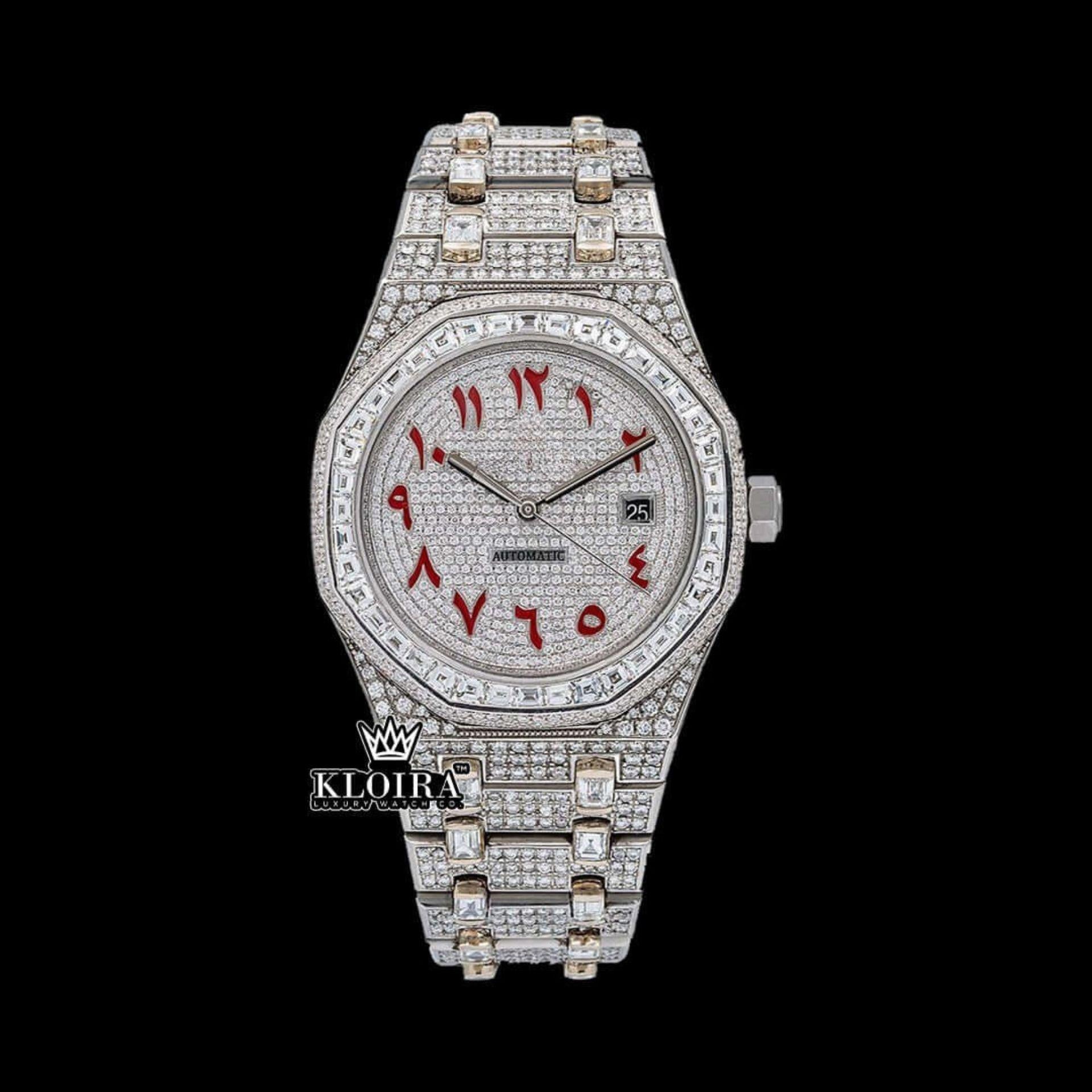 Red Arabic Numerals Iced Out Moissanite Diamond Watch 14K Gold 42mm Front View