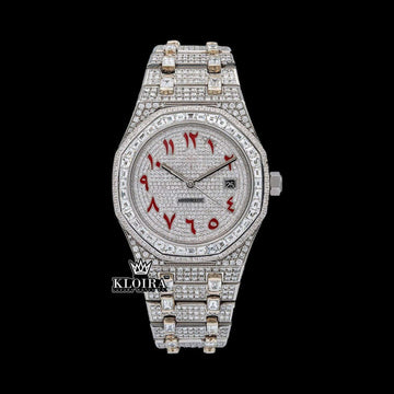 Red Arabic Numerals Iced Out Moissanite Diamond Watch 14K Gold 42mm Front View