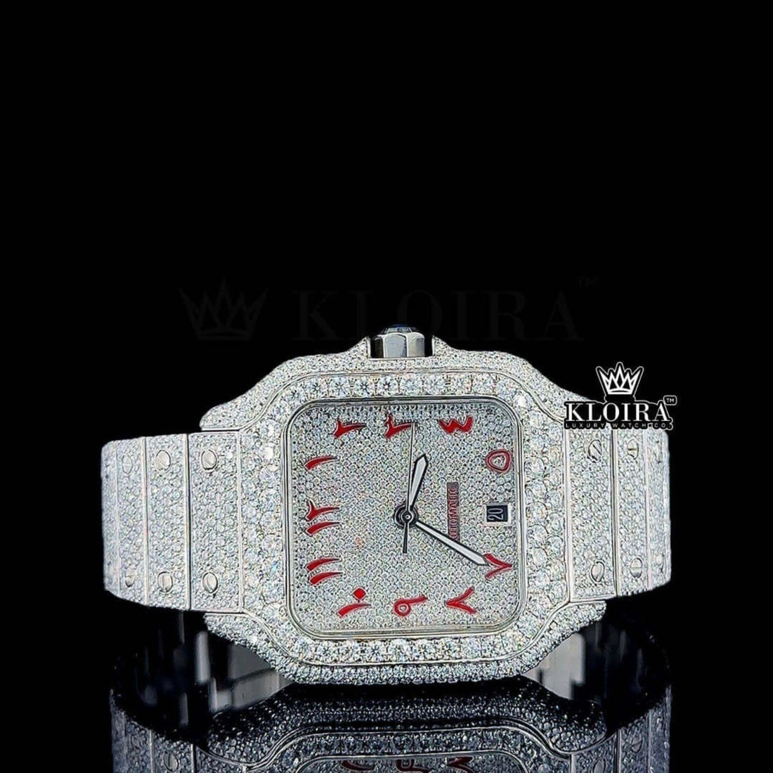 Red Arabic Numerals White Dial Full Iced Out Moissanite Watch Front View