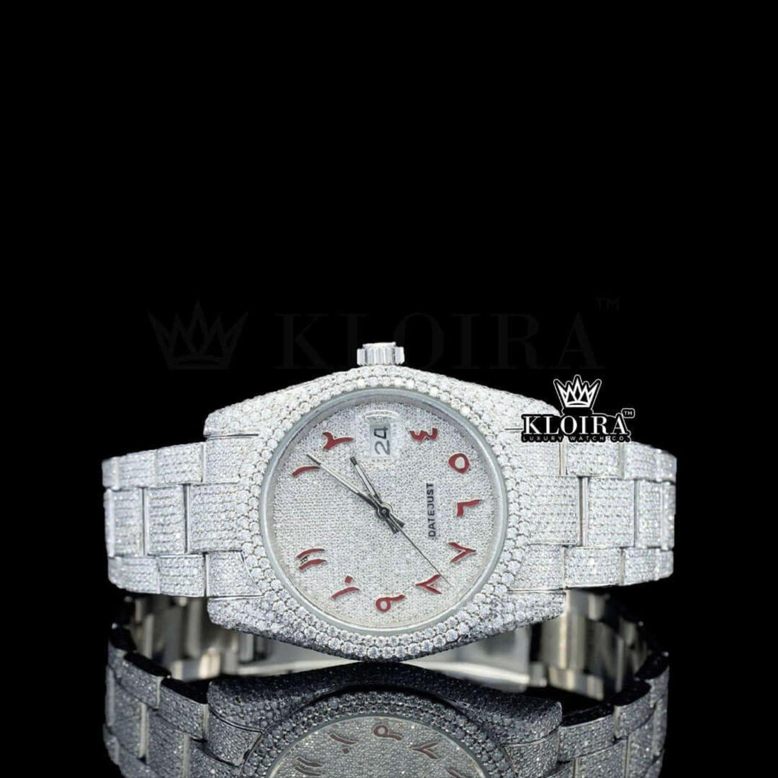Red Arabic Numerals White Dial Fully Bust Down Moissanite Diamond Watch Front View