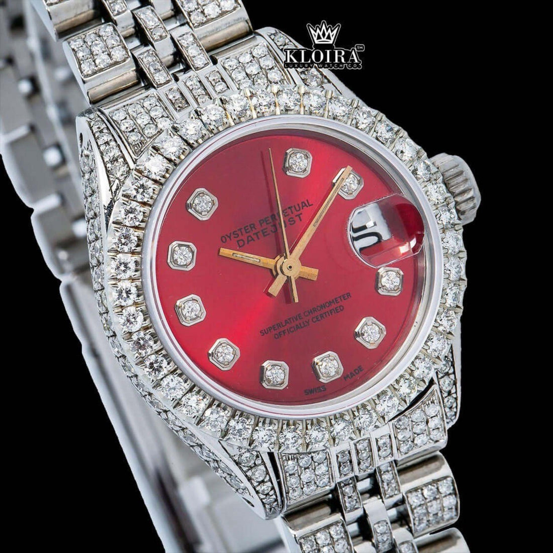 Red Dial Diamond Markers Bust Down Moissanite Diamond Watch Front View