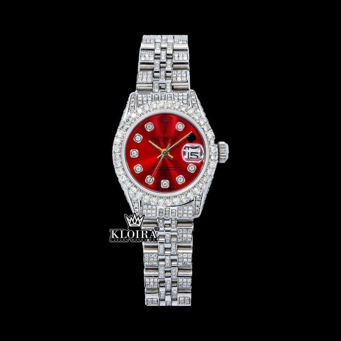 Red Dial Diamond Markers Bust Down Moissanite Diamond Watch Front View