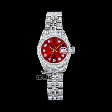 Red Dial Diamond Markers Bust Down Moissanite Diamond Watch Front View