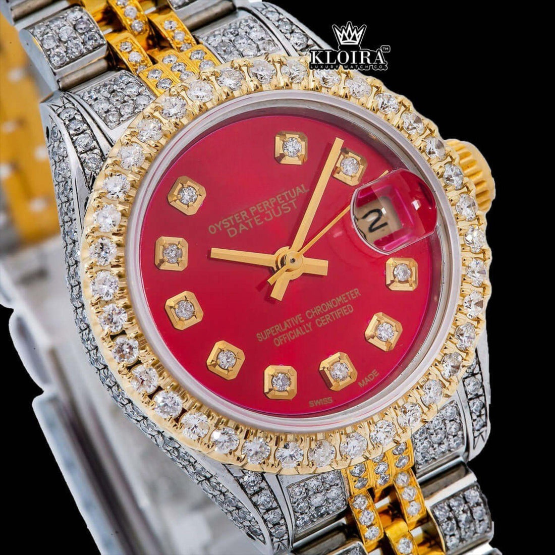 Red Dial Diamond Markers Yellow Gold Two Tone Moissanite Diamond Watch Front View