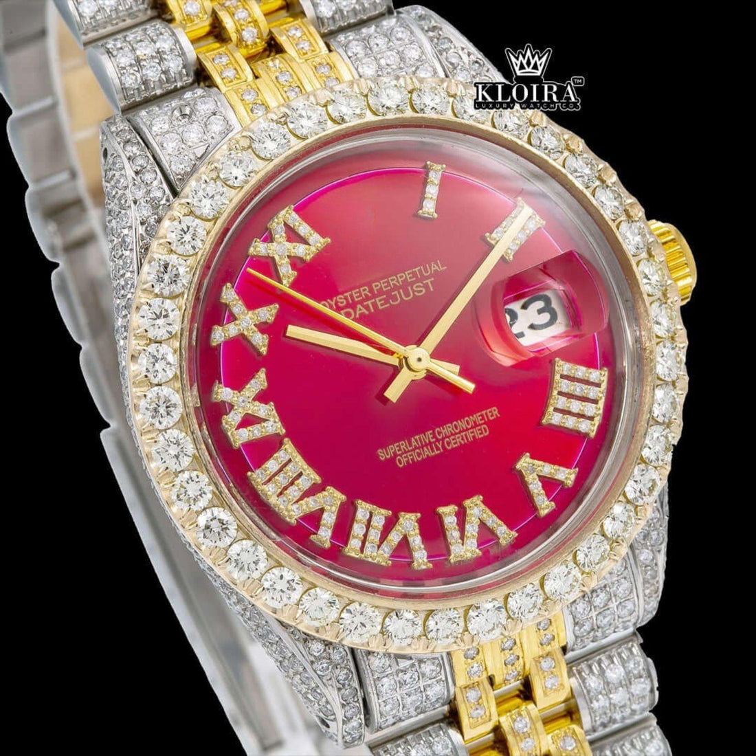 Red Dial Gold Roman Numerals Two Tone Moissanite Diamond Watch 42mm Front View