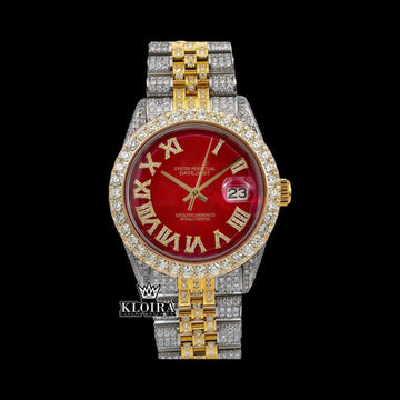Red Dial Gold Roman Numerals Two Tone Moissanite Diamond Watch 42mm Front View