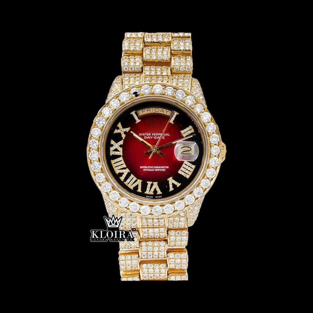 Red Dial Roman Numerals Fully Iced Out Yellow Gold Moissanite Diamond Watch Front View