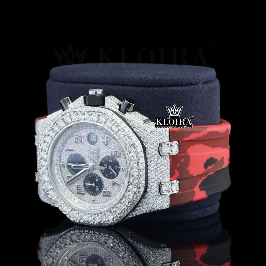 Red Rubber Strap Silver Dial Iced Out Moissanite Diamond Chrono Watch Front View