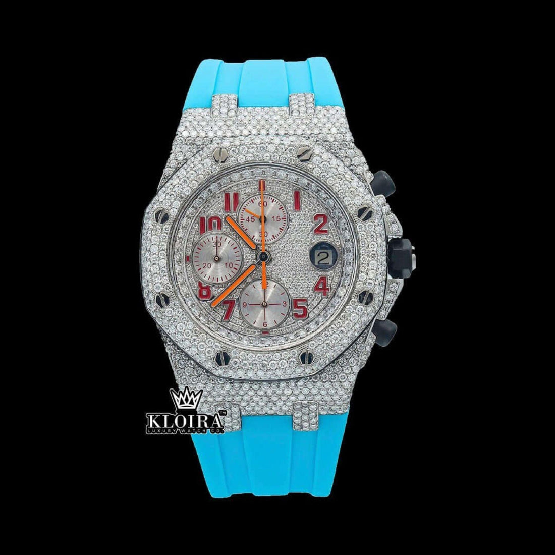 Red Standard Numerals Chronograph Blue Rubber Strap Moissanite Watch Front View