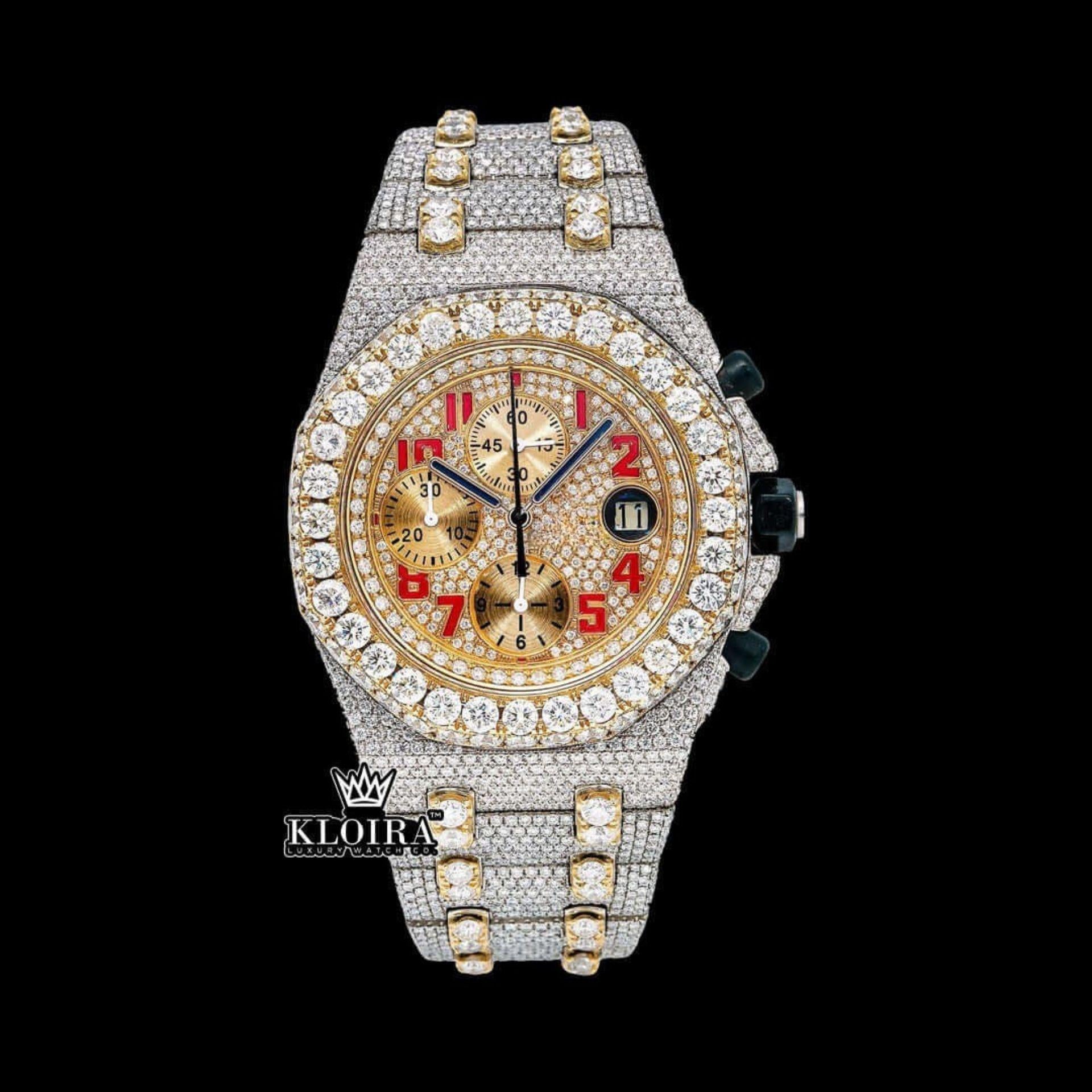 Red Standard Numerals Chronograph Dial Two Tone Moissanite Watch Front View