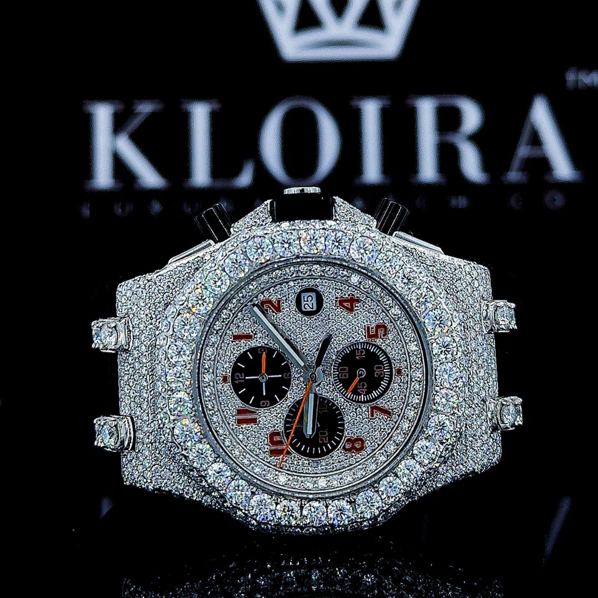 Red Standard Numerals White Chronograph Dial Semi Iced Out Moissanite Watch Front View