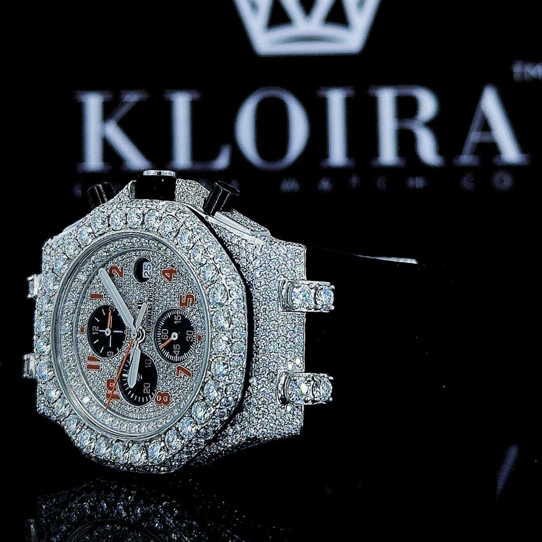 Red Standard Numerals White Chronograph Dial Semi Iced Out Moissanite Watch Front View