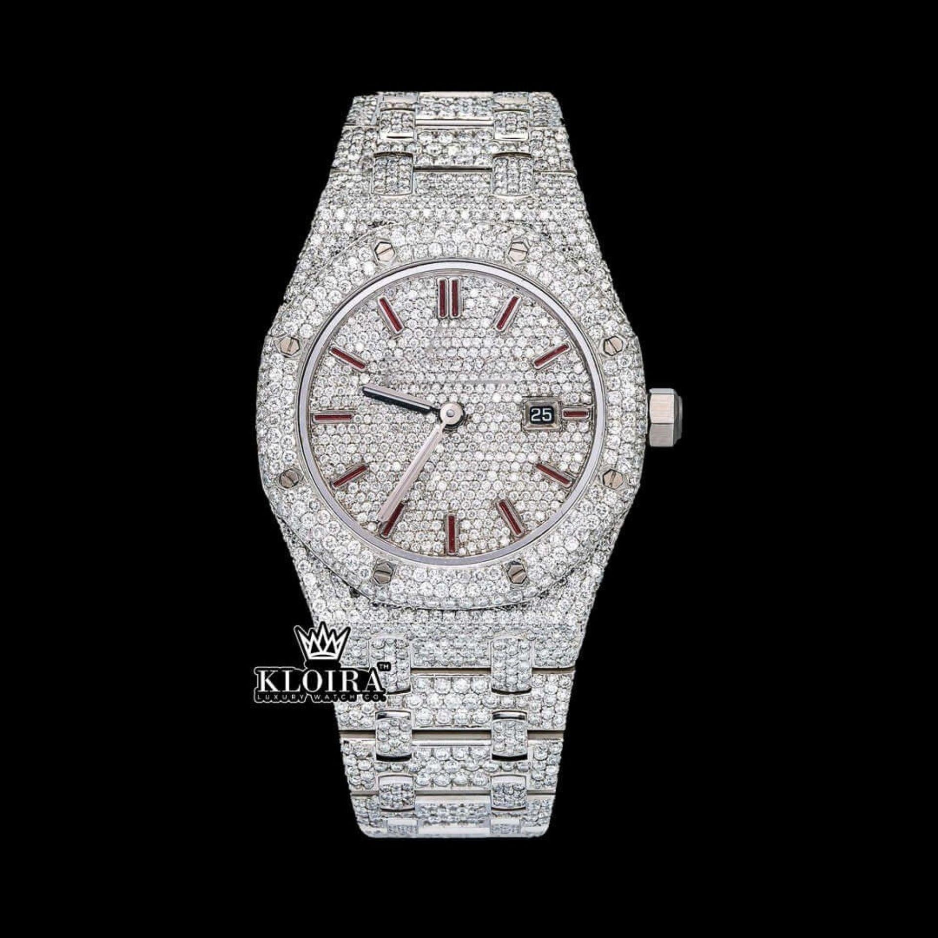 Red Stick Markers White Dial Fully Iced Out Moissanite Diamonds Watch Front View