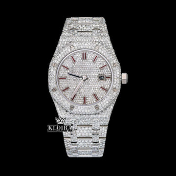 Red Stick Markers White Dial Fully Iced Out Moissanite Diamonds Watch Front View