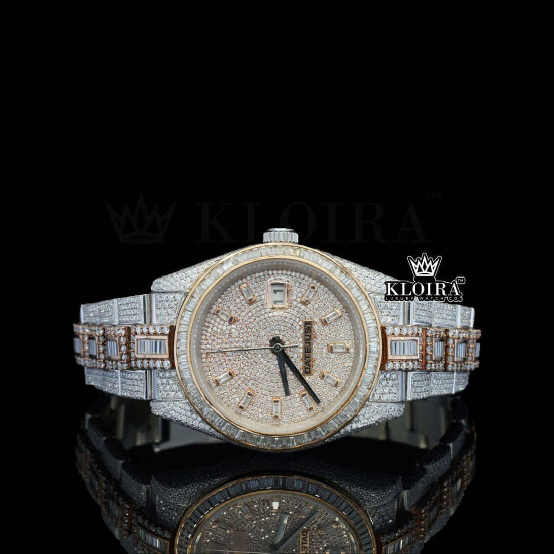 Regal Blaze Moissanite Diamond Watch Rose 14K Gold VVS 26 Carat 42mm Front View