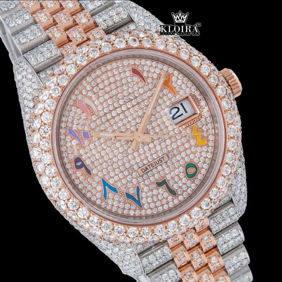 Rolex Datejust Inspired Rose Gold Rainbow Arabic Dial Moissanite Watch 42mm Front Vew