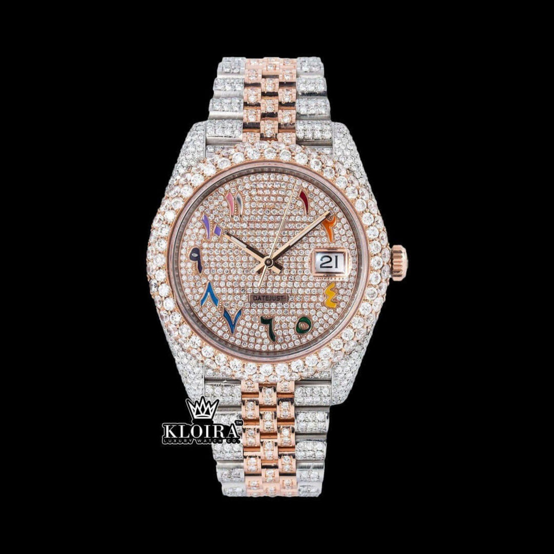 Rolex Datejust Inspired Rose Gold Rainbow Arabic Dial Moissanite Watch 42mm Front Vew