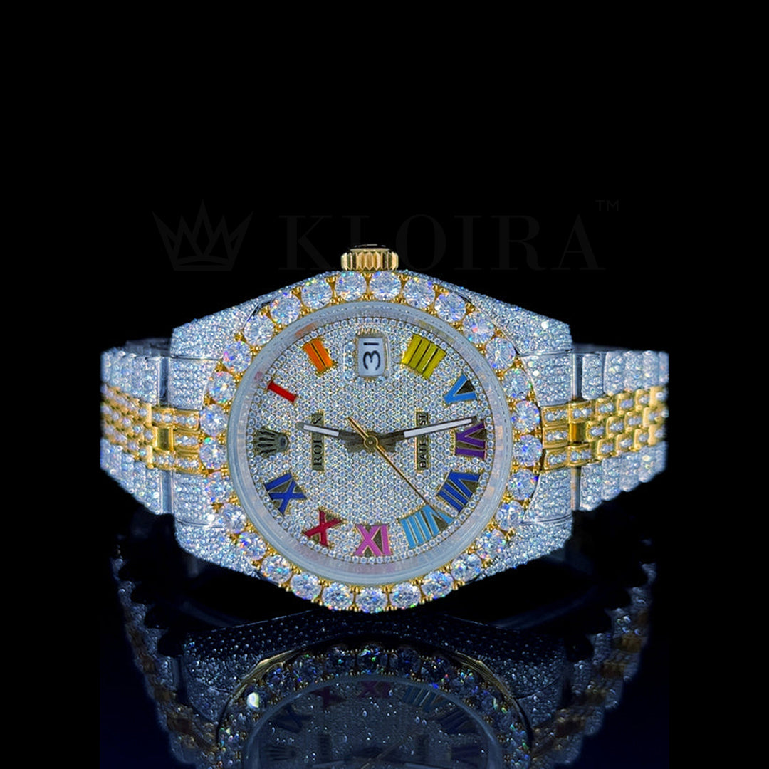 Rolex Datejust Yellow Silver 41mm Diamond Studded Swiss Made Roman Multi Color Numerals Watch