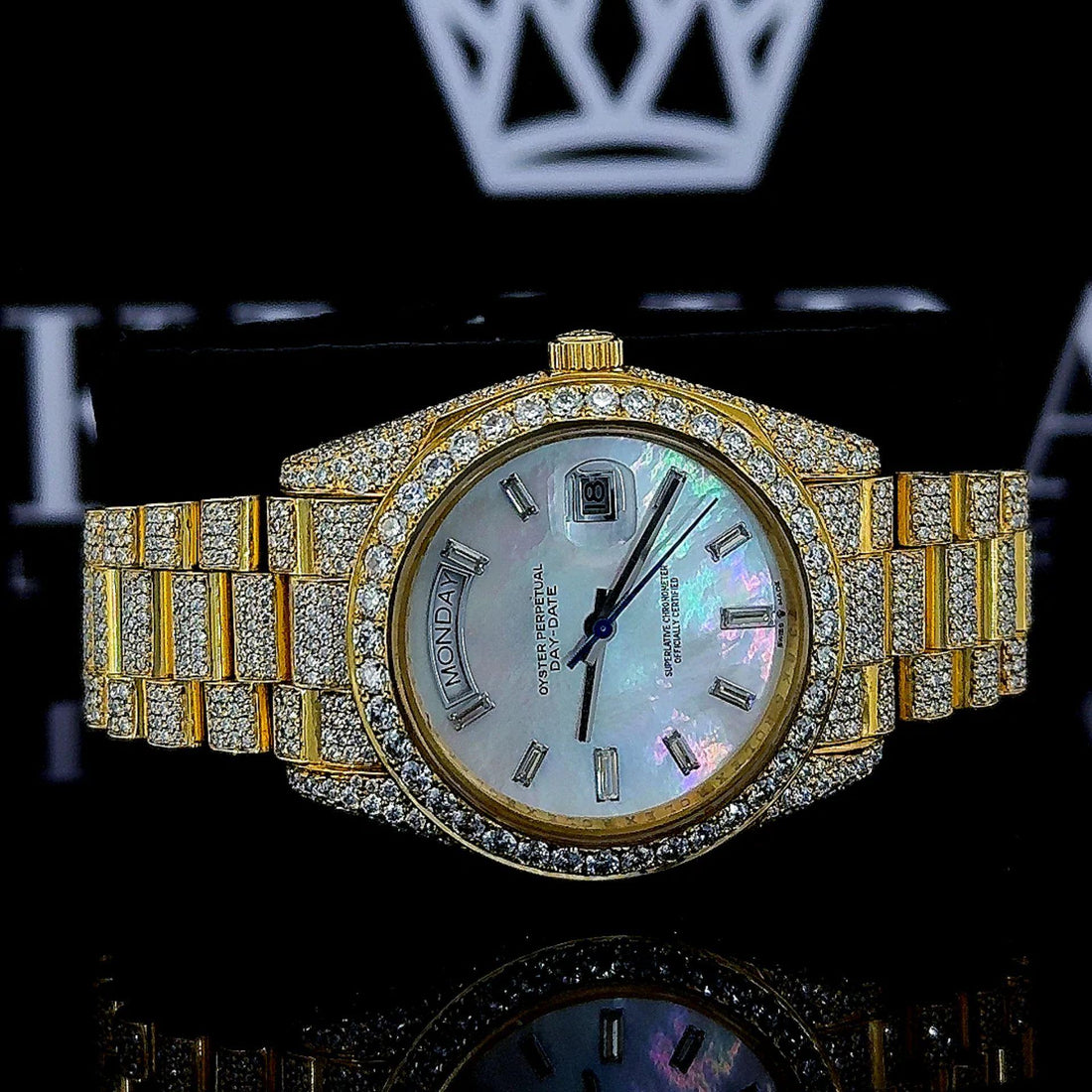 Rolex Day-Date Mother of Pearl Dial Inspired Moissanite Diamond Watch Front View