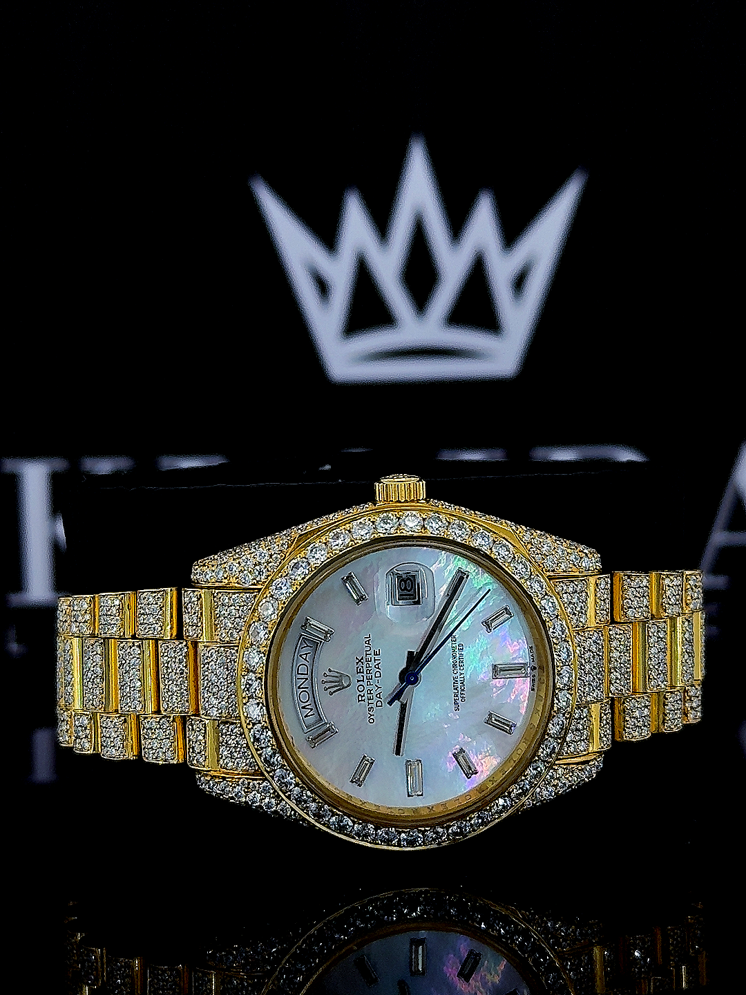 Front View of Rolex Day-Date Mother of Pearl Dial Moissanite Diamond Watch