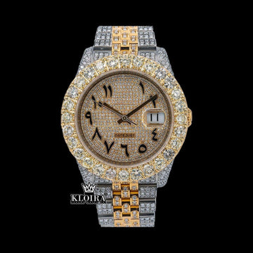 Rolex Inspired Arabic Numeral Moissanite Watch 14K Gold 42mm Front View