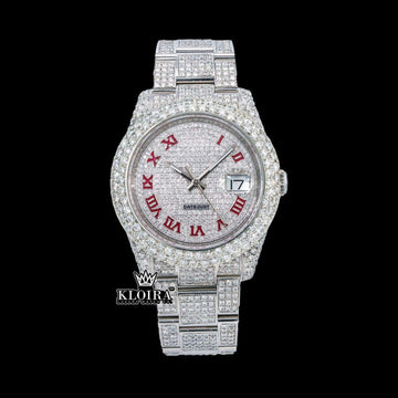 Rolex Inspired Datejust Iced Out Red Roman Numeral Moissanite Watch 42mm Front View
