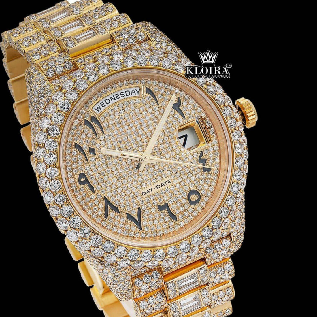 Rolex Inspired Day Date Gold Arabic Dial Moissanite Diamond Watch 14K Gold 42mm Front View