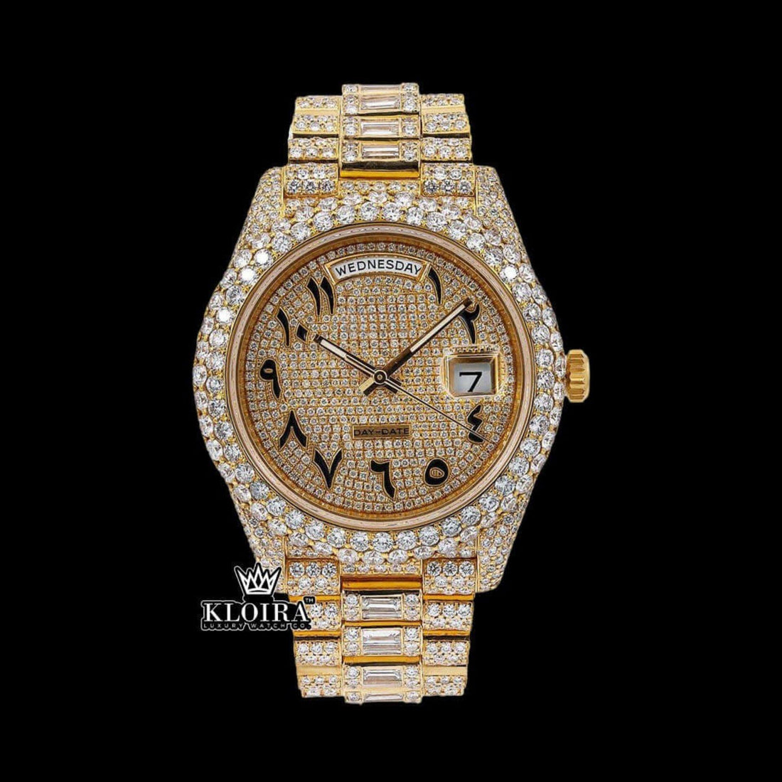 Rolex Inspired Day Date Gold Arabic Dial Moissanite Diamond Watch 14K Gold 42mm Front View
