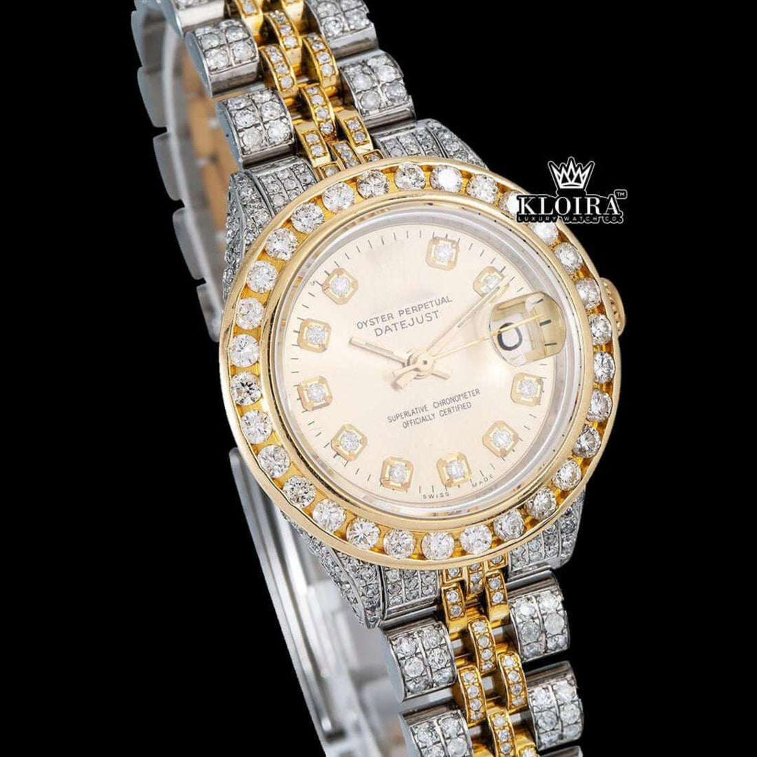Rolex Inspired  Ladies Datejust Yellow Dial Moissanite Diamond Watch Front View