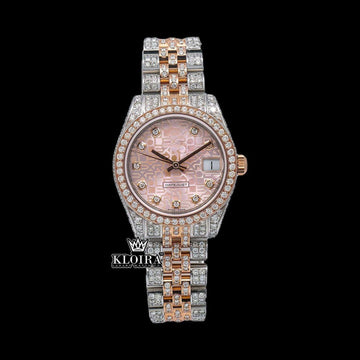Rolex Inspired Pink Diamond Dial Moissanite Watch 14K Gold VVS 20 Carat 42mm Front View
