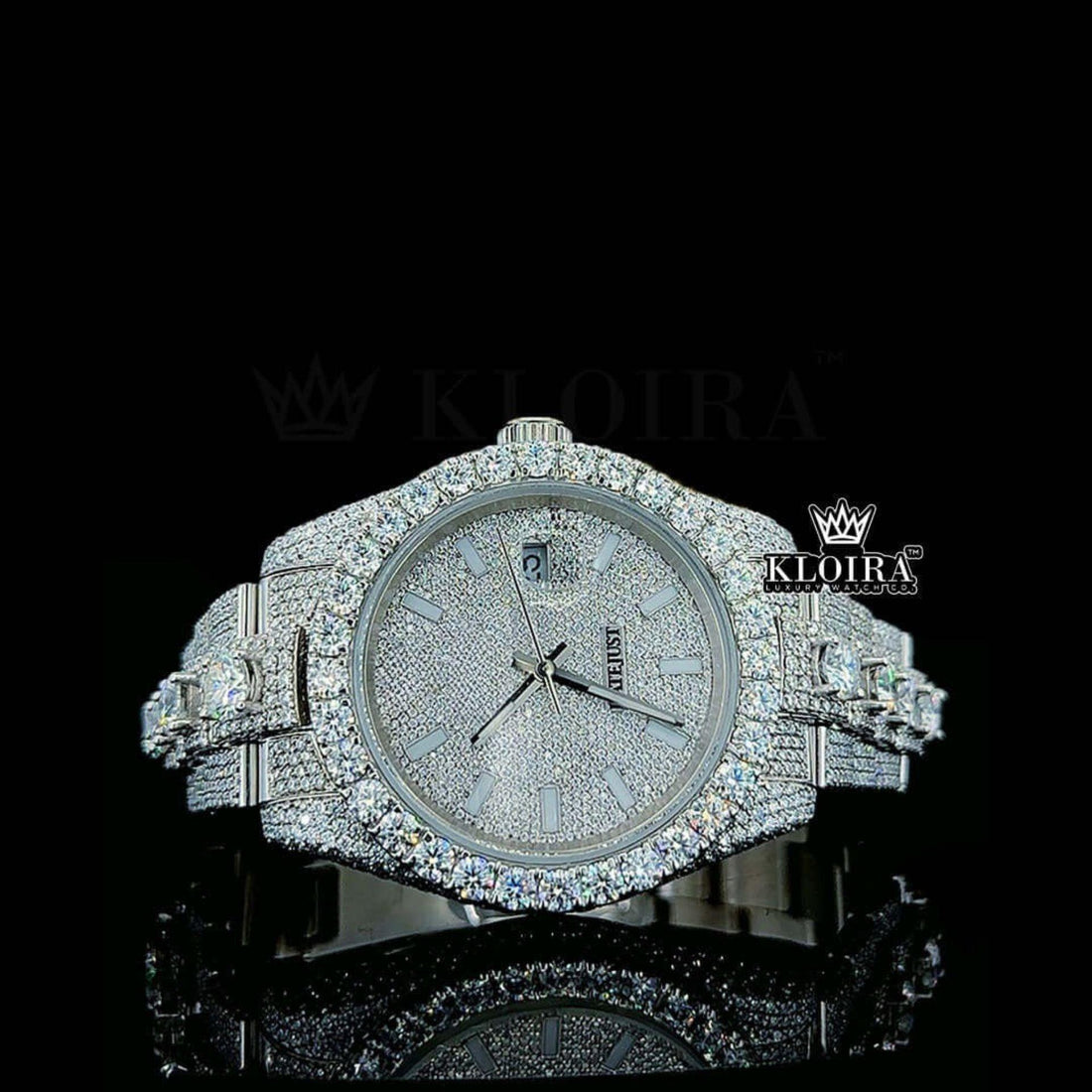 Rolex Inspired White Gold Moissanite Iced Out Automatic Watch 14K Gold 42mm Front View