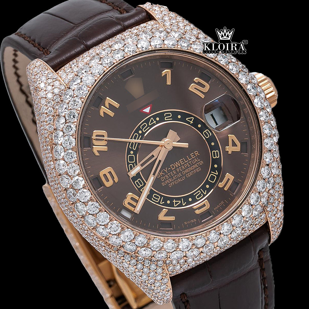 Luxury Rolex Moissanite Leather Strap watch with brown dial and leather strap, front-facing view