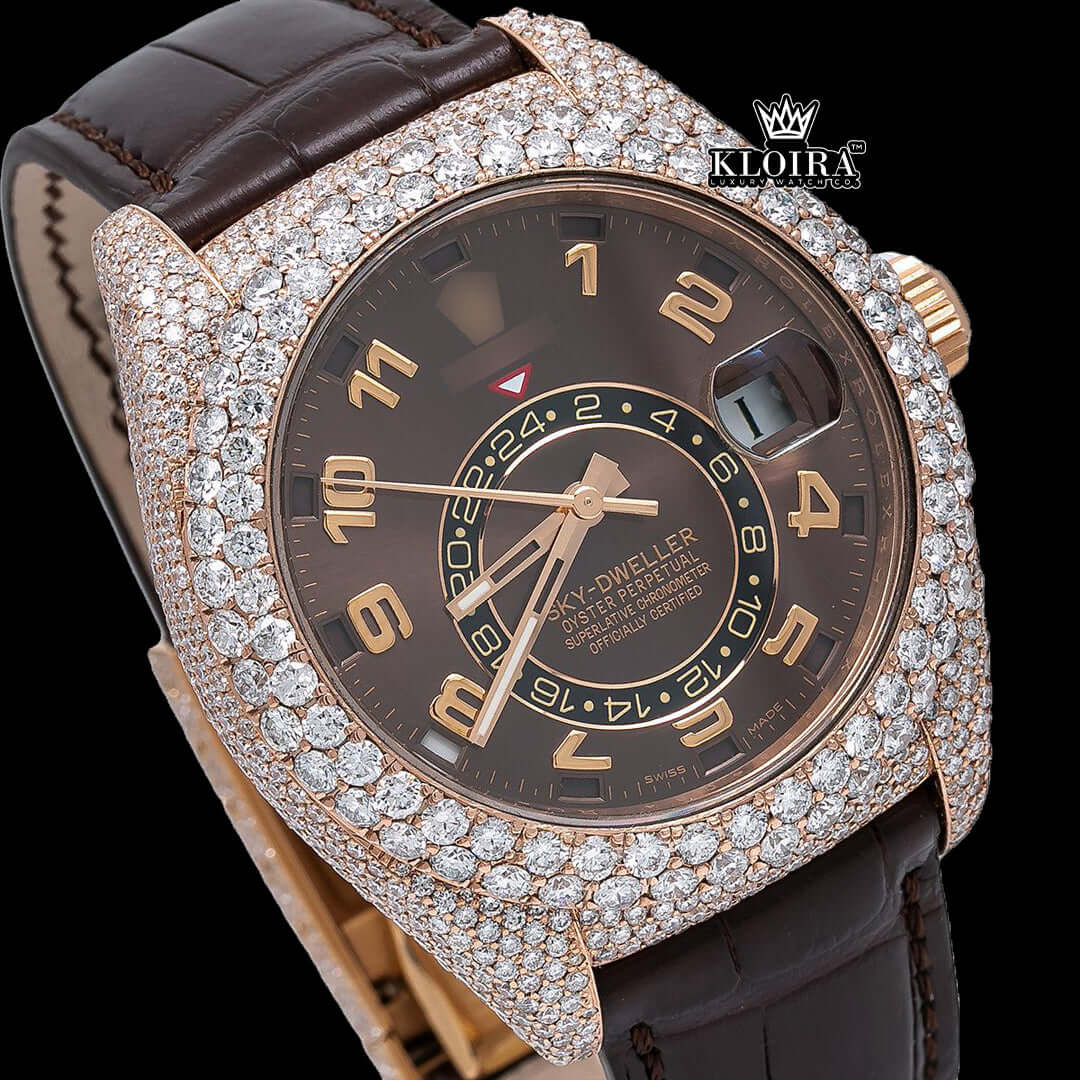 Moissanite Rolex Leather Strap Watch with brown dial and rose gold accents, featuring VVS clarity moissanite stones.