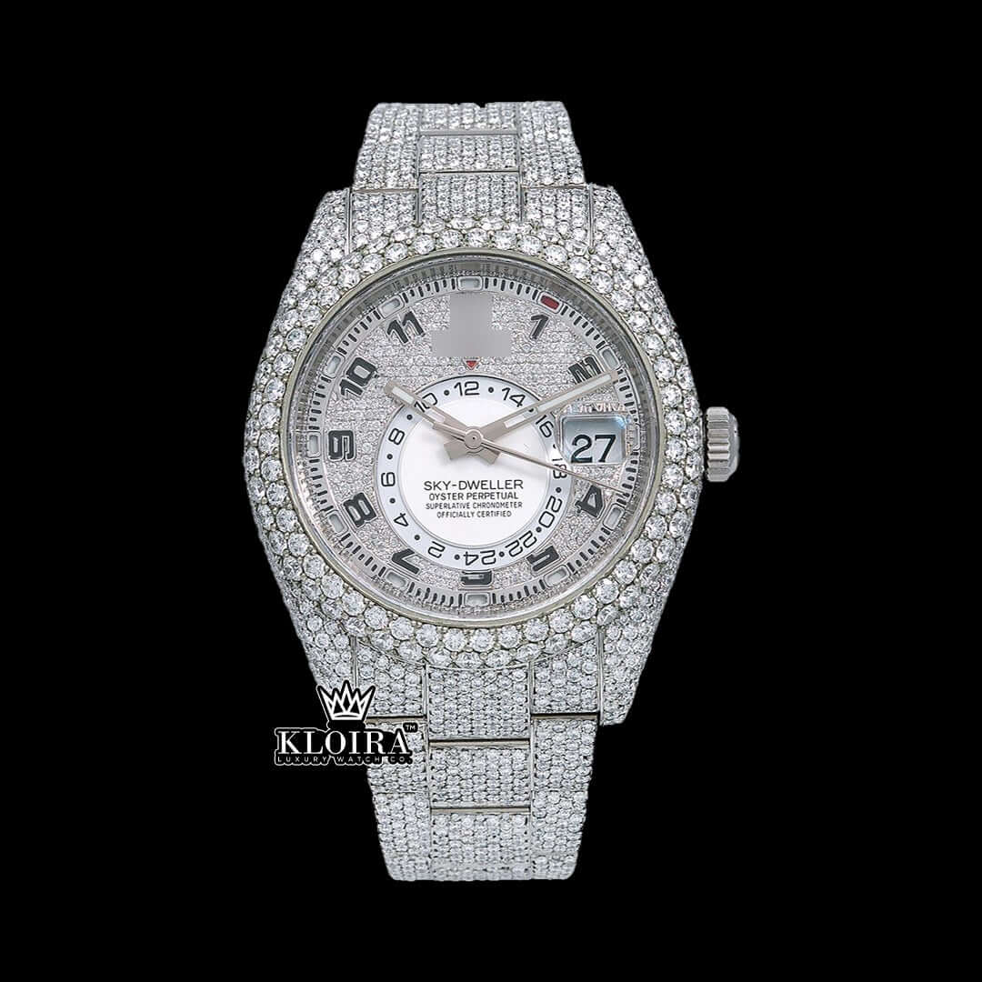 Bust Down Rolex Sky-Dweller Moissanite Diamond Watch with silver dial and diamond-encrusted case