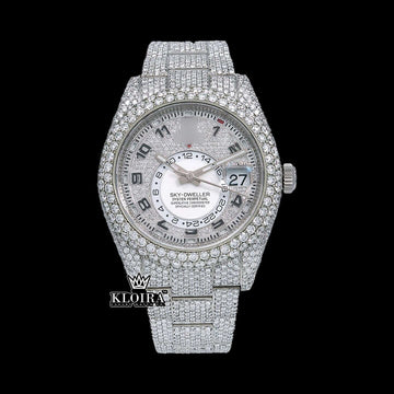 Bust Down Rolex Sky-Dweller Moissanite Diamond Watch with silver dial and diamond-encrusted case