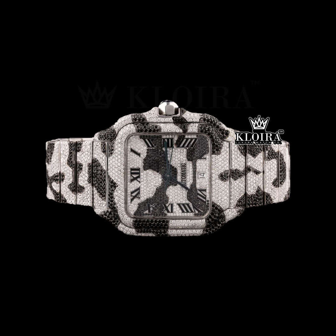 Roman Dial Black Camouflage Iced Out Strap Moissanite Watch Front View