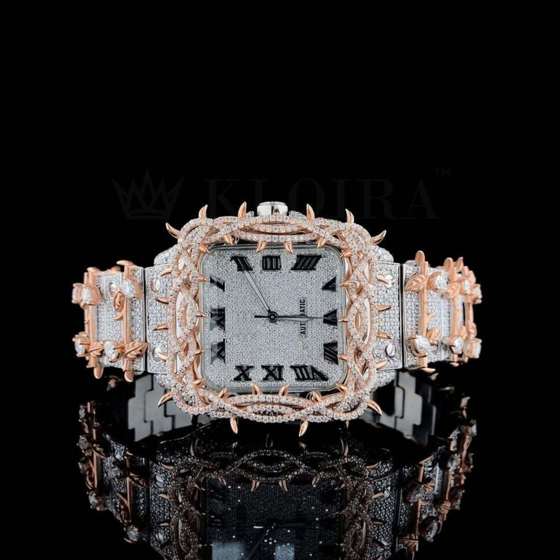Roman Dial Thorn Bezel Two Tone Moissanite Diamond Watch Front View