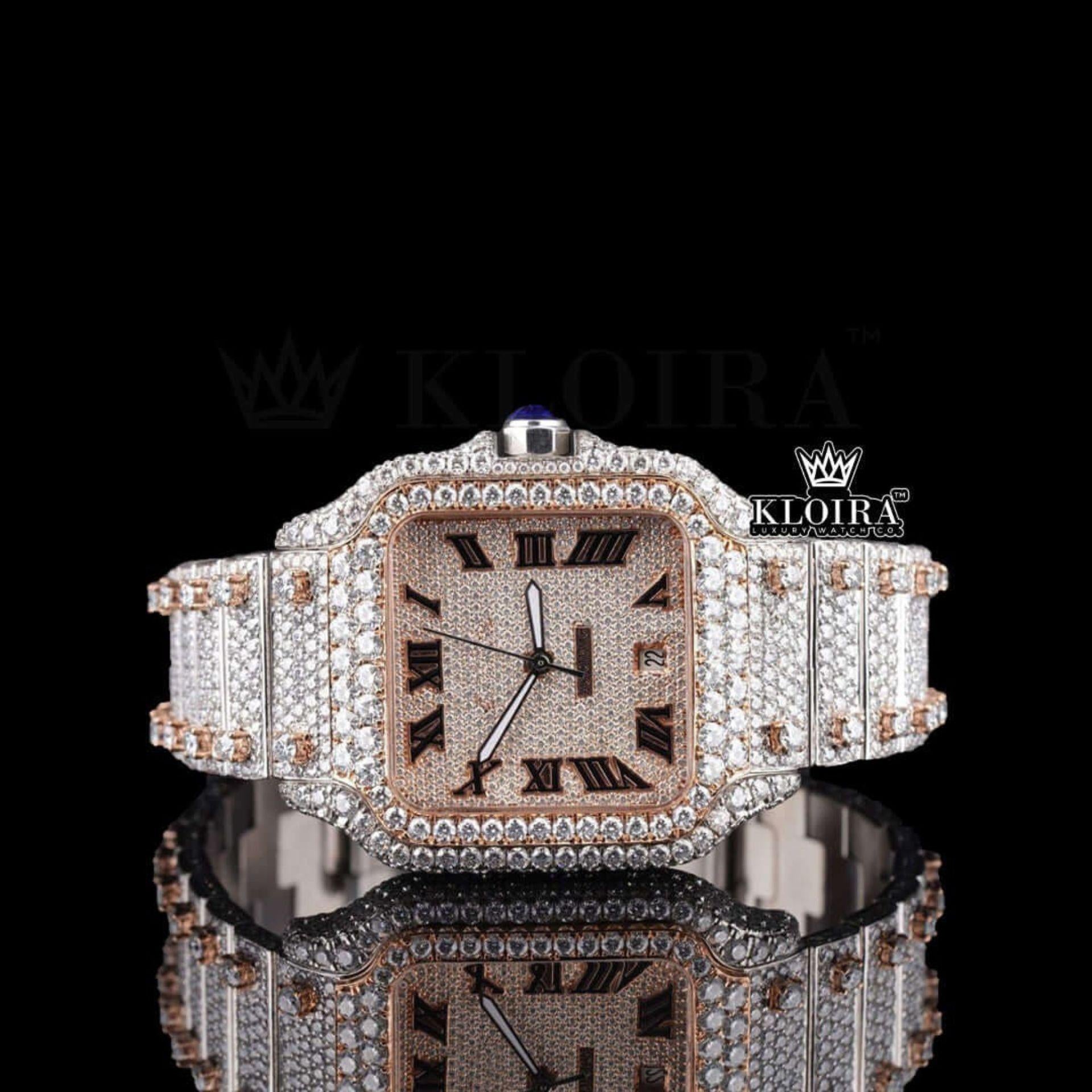 Roman Numeral Two Tone Rose Gold Moissanite Diamond Watch Front View