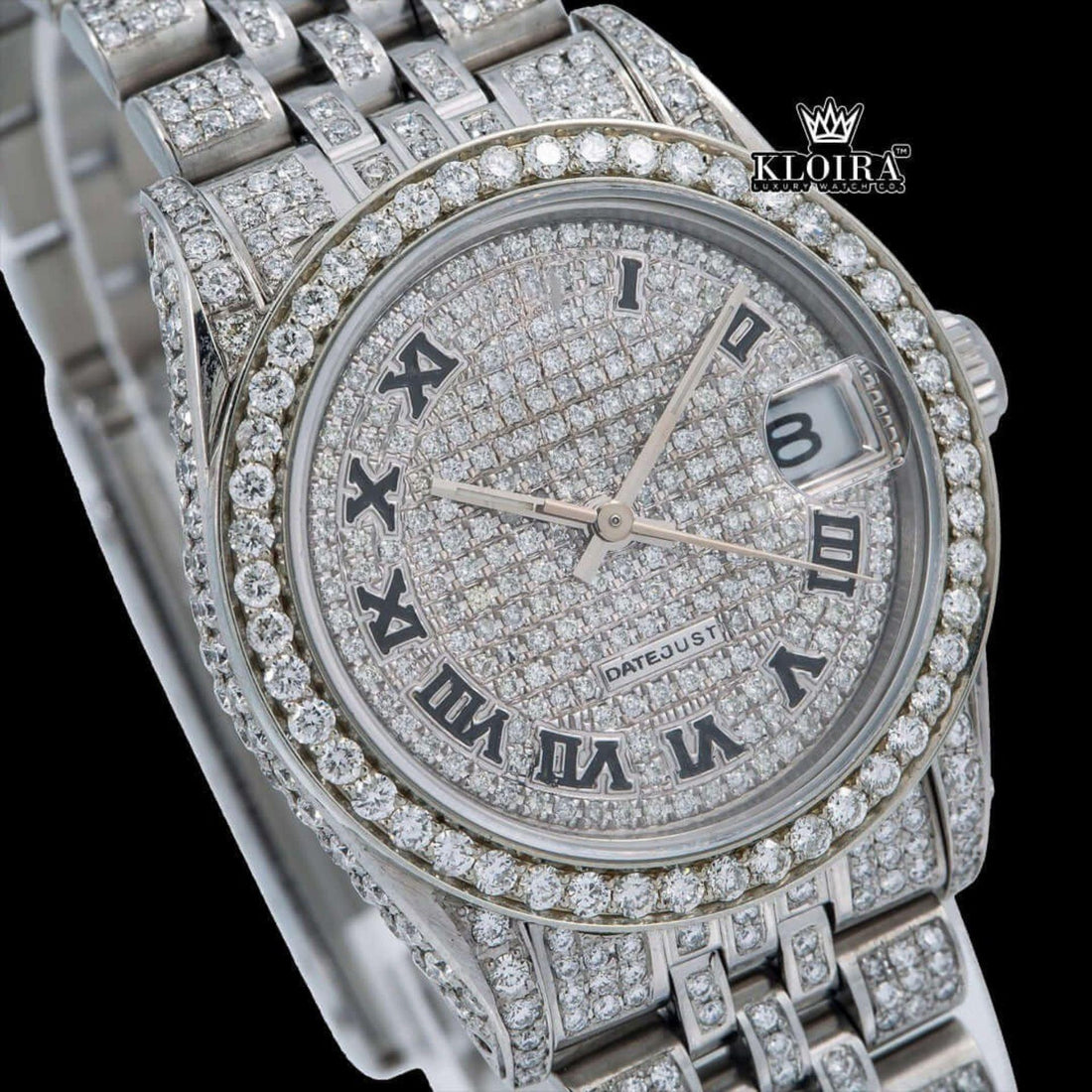 Roman Numeral Watch Moissanite Full Iced Out Silve Dial 14K Gold 42mm Front View