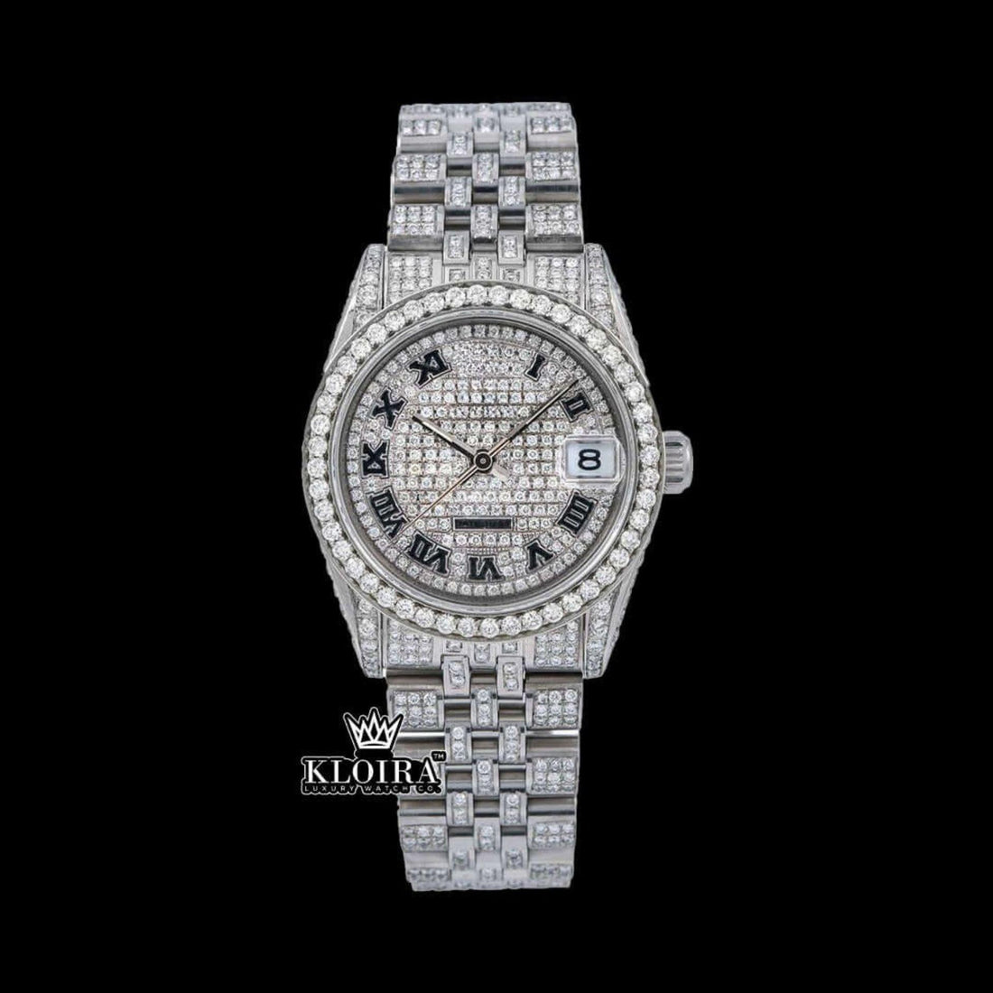 Roman Numeral Watch Moissanite Full Iced Out Silve Dial 14K Gold 42mm Front View