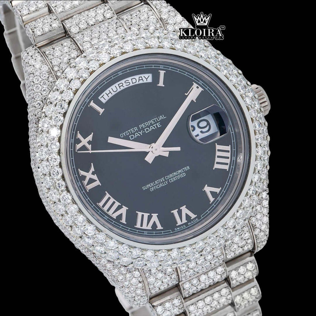 Roman Numerals Black Dial Day-Date Window Iced Out Moissanite Watch Front View