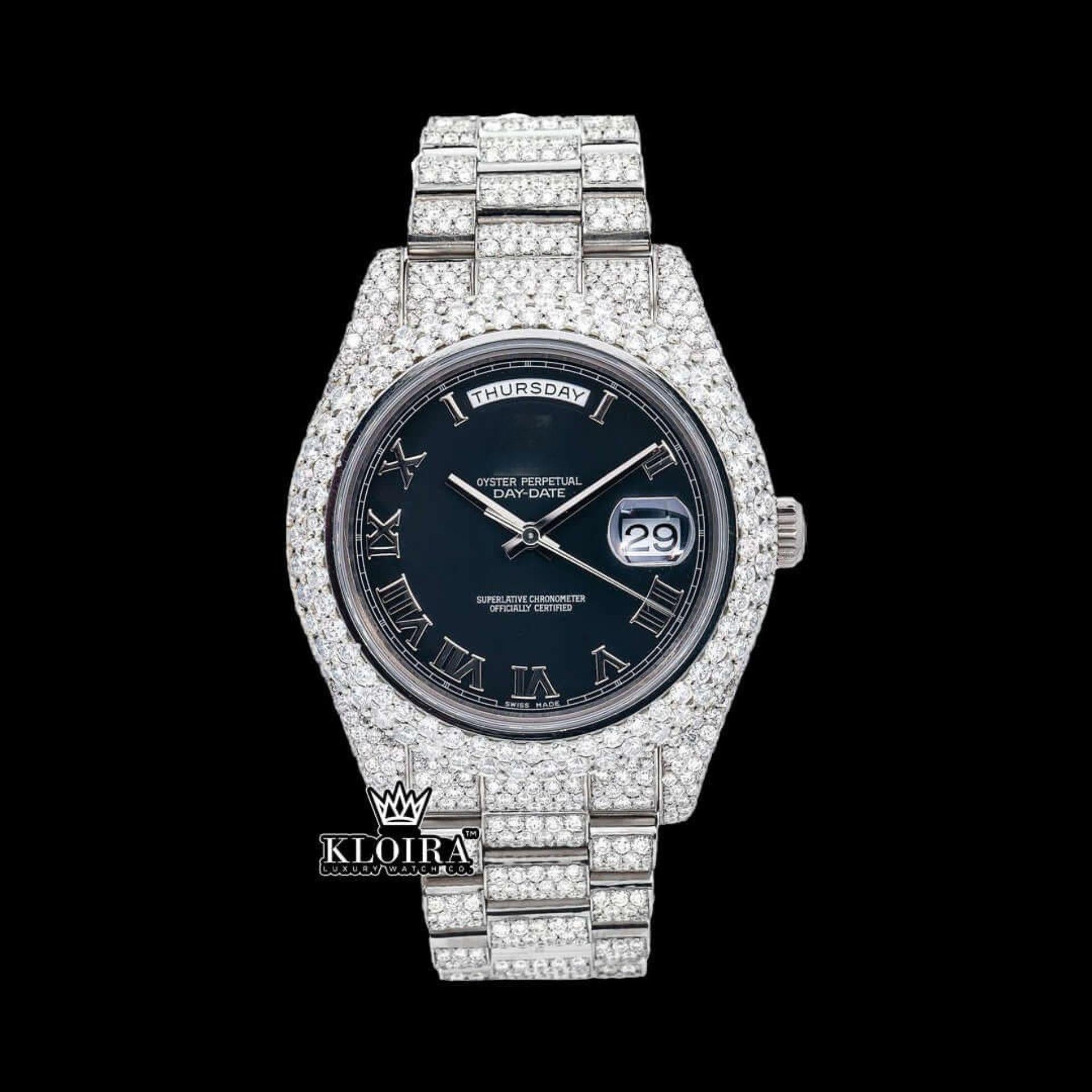 Roman Numerals Black Dial Day-Date Window Iced Out Moissanite Watch Front View